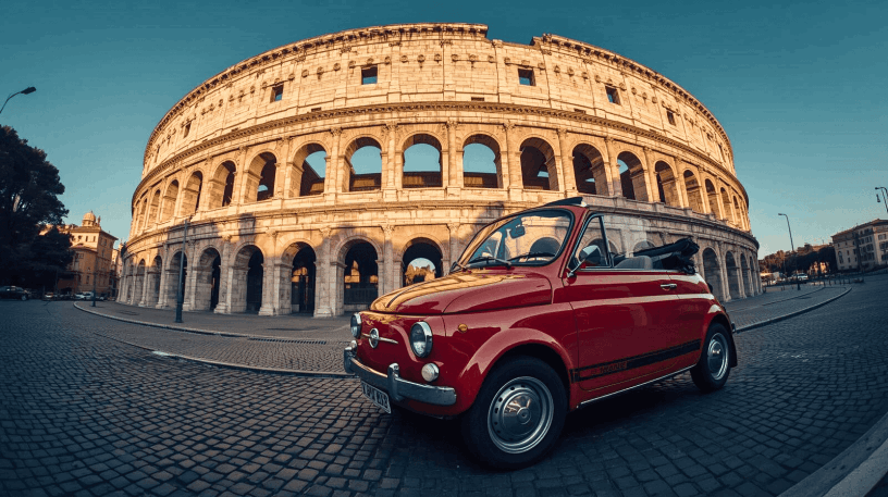 Mini-Cabriolet am Colosseum in Rom. (Canva KI)