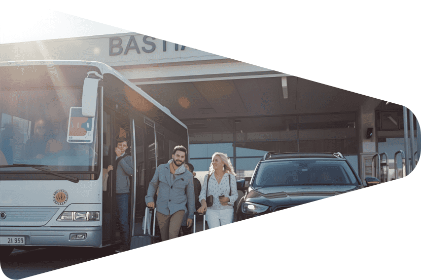 Reisegäste am Transferbus auf Korsika. (Canva KI)