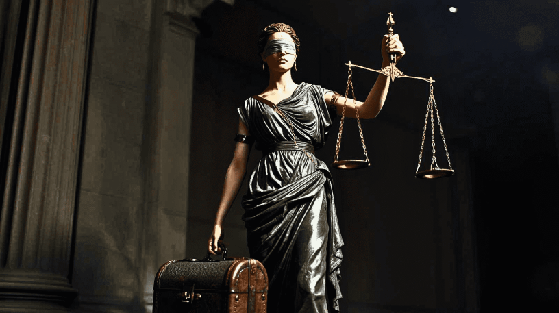 Die Göttin Justitia mit einem Reisekoffer: Recht auf Reisen. (Canva KI)