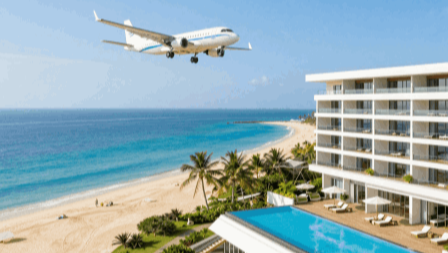 Bild eines Hotels mit ankommenden Flugzeug als Kombination einer Pauschalreise. (Canva KI)
